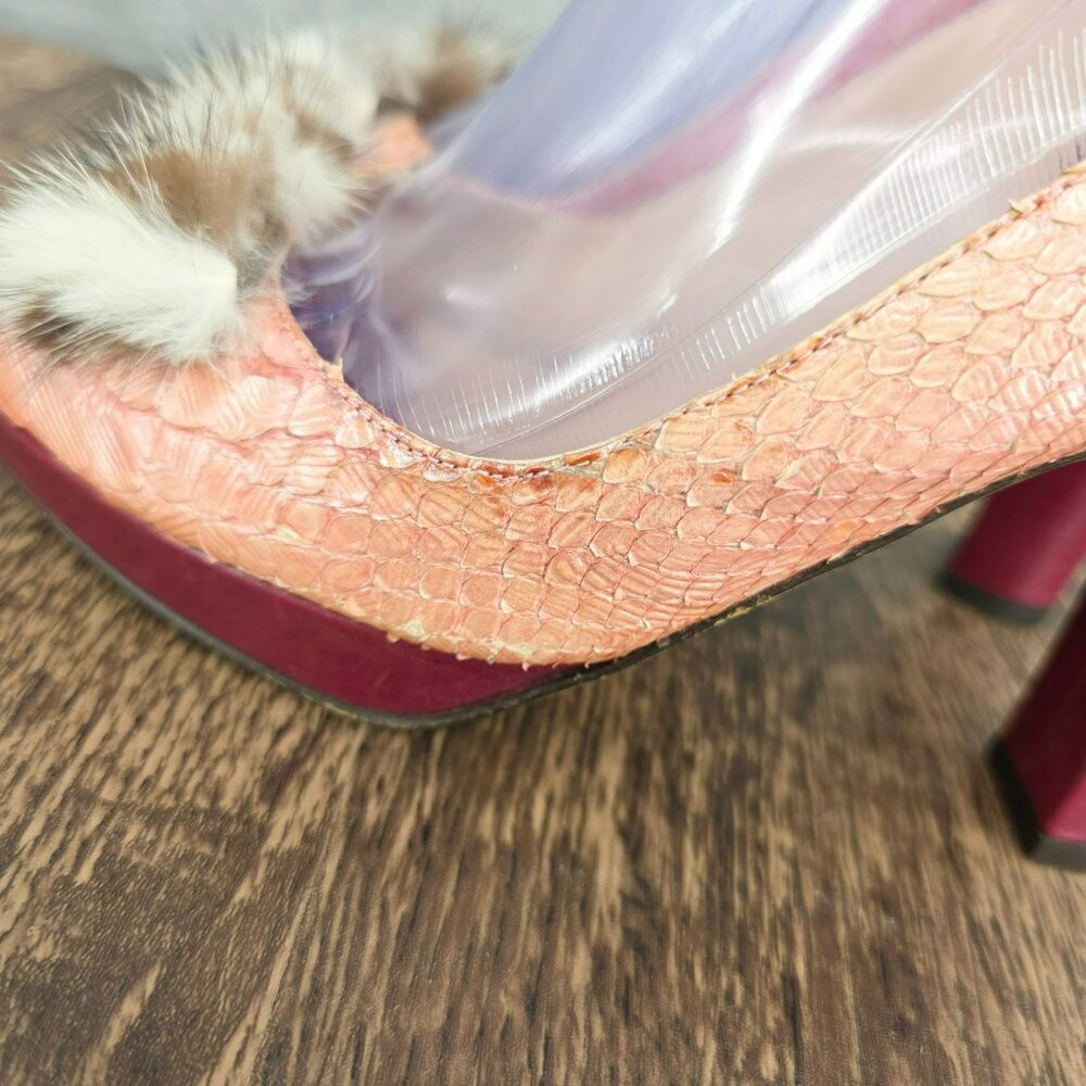 Kate Spade New York Slingback Peep Toe Heels 8.5 B Pink Red Leather Fur Scaled - Picture 10 of 16